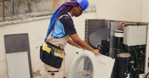 HVAC technician repairing an outdoor AC unit