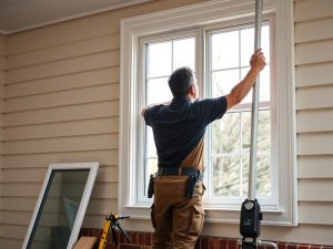 an expert worker working for a window replacement, estimating and observing the problem