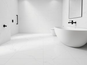 Minimalist bathroom with white marble floor tiles and black fixtures