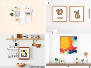 Food-themed word art on a kitchen wall